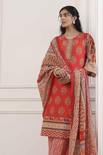 Biba Women Red Cotton Straight Suit Set_32