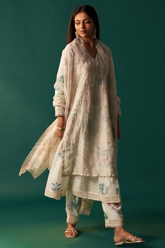 Wishful Women's White Floral Printed and Embroidered Layered Cotton Blend Kurta with Pant and Dupatta Set (SP12869-401079-2XL)