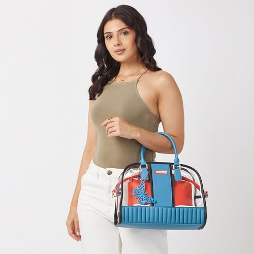 Caprese Madonna Satchel Bag Large | Stylish Transparent Handbag with Butterfly Charm for Women with Adjustable & Detachable Sling Strap, Top-Handles & Zip Closure | Perfect for Casual Use (Blue)