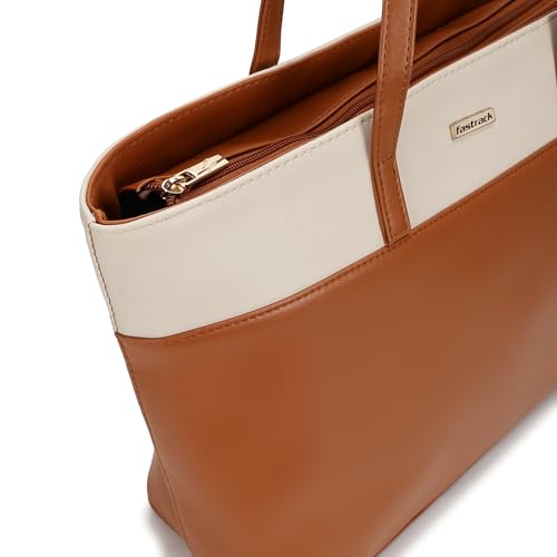 Fastrack Women Colorblocked Tote Bag | Top Zip Closure, Spacious Interior with Zip and Slip Pockets, Comfortable Shoulder Strap | Stylish Everyday Tote | Tote Bag for Casual Carry, Tan