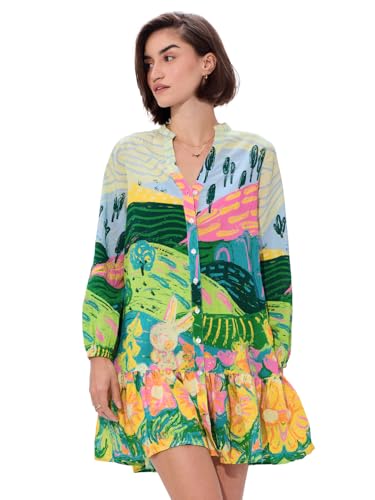 The Souled Store Landscape Women and Girls Long Sleeves Band Collared Multicolor All Over Printed Viscose Blend Summer Ready All Occasion Easy to Style Mini Dresses