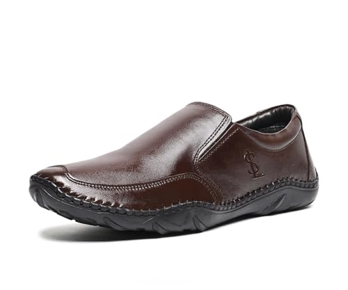 LOUIS STITCH Brunette Brown Genuine Leather Formal Slip On Shoes for Men | Ultra Lightweight and Flexible Rubber Sole Men’s Slipon Loafer Shoes | LSAXSO | UK-9