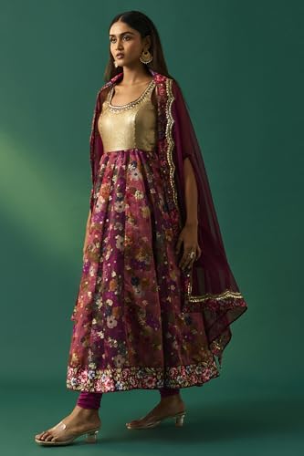 Wishful Women's Maroon Floral Printed Embellished Anarkali Kurta with Churidar and Dupatta Set - (SP12850-401147-XXL)