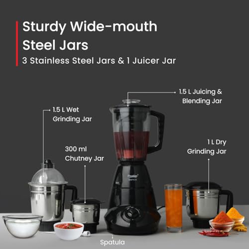 Prestige Iris 750 Watt Mixer Grinder with 4 Jars (3 Stainless Steel + 1 Juicer) | Super Efficient SS Blades | Black | 2Y Warranty | ISI Certified