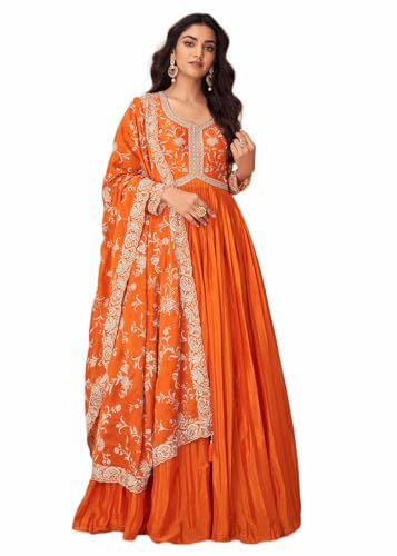 Shampysky Women's Orange Chinon Stitched Gown With Dupatta Full Sleeve Embroidered Anarkali Gown (SSW-1244-Orange-XXL)