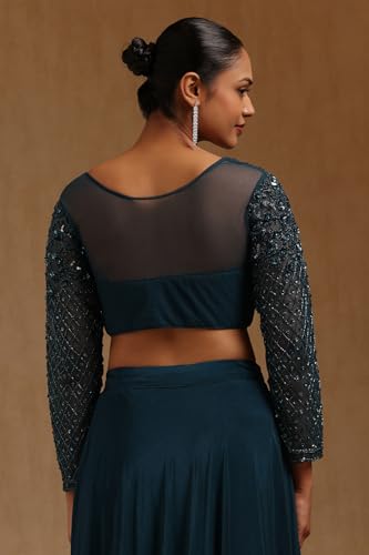 Soch Womens Blue Spandex Solid Ready To Wear Saree