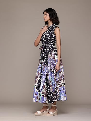 Label RITU KUMAR Collar Neck Sleevelesss Printed Long Dress Black