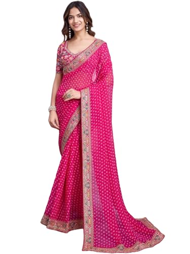 Panzora Women's Georgette Bandhani Printed Pink Saree With Embroidery Unstitched Blouse Piece