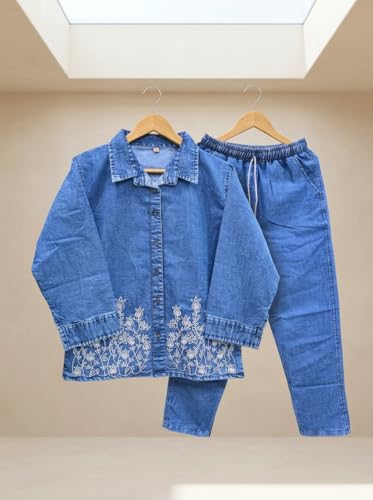 ESSVANE Denim Co Ord Set for Women || Denim Jacket and Pant Set || Embroidered Co Ord Set with Crop Jacket and Pants With Pockets (Mid Blue, M - 30 Waist)
