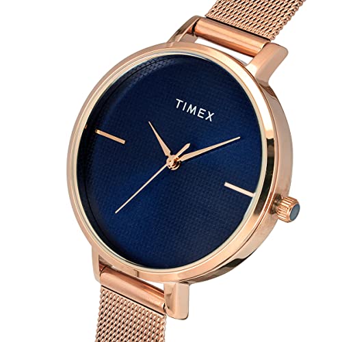 TIMEX Analog Watch for Women with Blue Round Dial & Rose Gold Stainless Steel Bracelet Band Water Resistant Women's Wrist Watches - TWEL155SMU07