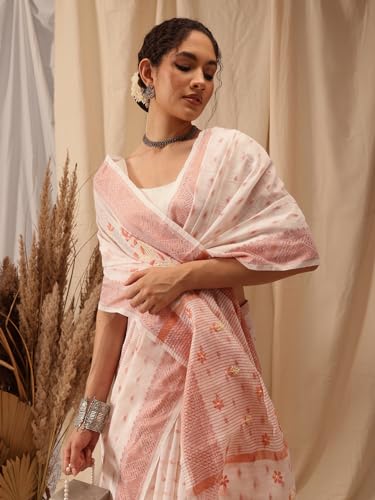 Ada Hand Embroidered Lucknowi Chikankari Chanderi Saree with Unstitched Blouse Piece for Women A311374 Off White