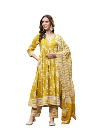 Stylum Women's Floral Printed Cotton Anarkali Kurta Pant Dupatta Set