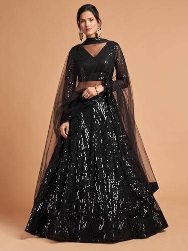 Zeel Clothing Women's Black Soft Net Sequins Embroidered Semi-Stitched New Lehenga Choli with Dupatta (7308-Black-Wedding-Girlish-Latest-Lehenga-Choli; Free Size)