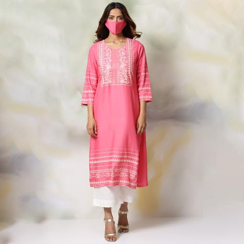 BIBA Women Pink Rayon Straight Kurta Palazzo Suit Set_46