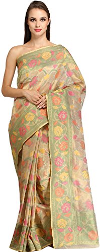 Exotic India Net Saree with Blouse Piece (SDI60-golden_Multicoloured_Free Size)