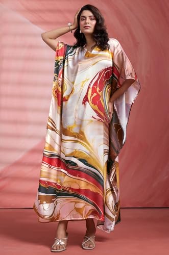 Label Aarna Classic Marble Soft Satin Women Kaftan Dress with Digital Print