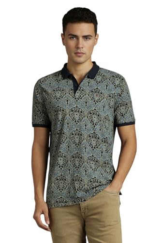 Men Navy Print Polo Neck T-Shirt