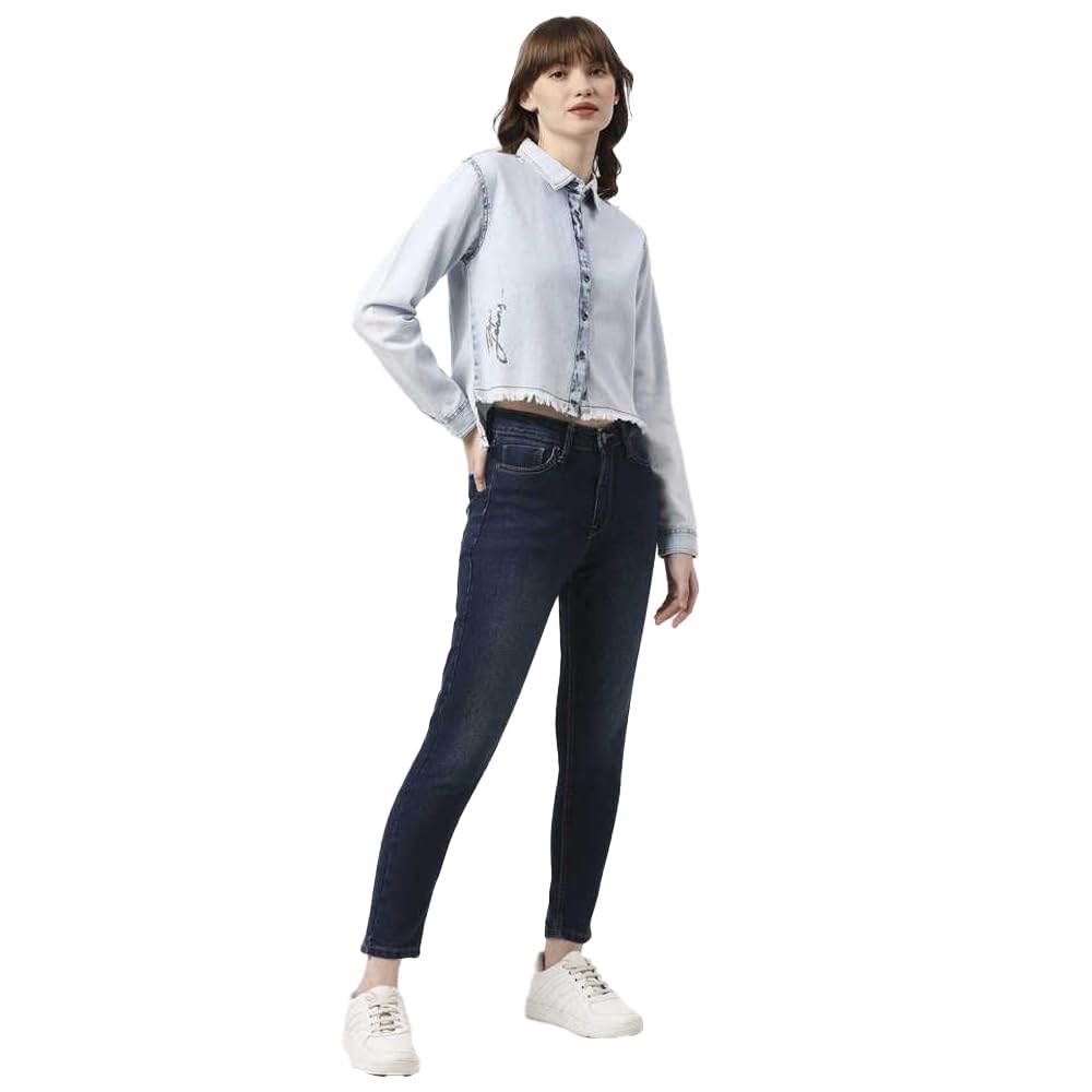 Pepe Jeans Solid Regular Neck Cotton Women's Casual Wear Shirt (Blue,Medium)