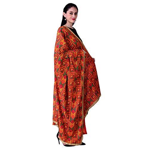 SWI WITH LABEL Women's Heavy Embroidered Phulkari Chiffon Dupatta with Mirror Work