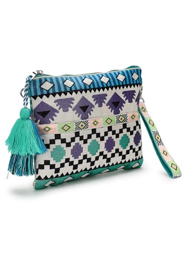 Anekaant Tribal Turquoise & Multi Acrylic Jacquard Ethnic Motifs Embroidered Sling Bag