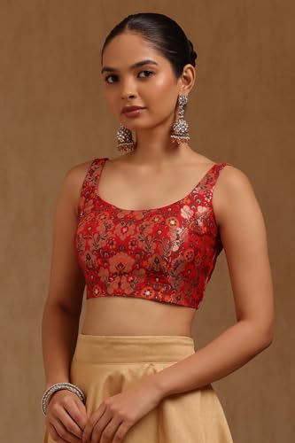 Soch Womens Red Tussar Floral Print Padded Blouse with Zari Woven