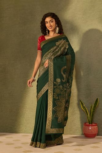 Taneira Dark Green Pure Viscose Woven Saree with Unstitched Blouse Piece (8909182563346 - Dark Green)