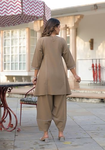 ARAVALII Women's Peacock Blue Co-ord Set – Pure Cotton Slub, Round Neck, 3/4 Sleeves, Short Length Top, Styled Pants, Casual Wear (Taupe Brown, L)