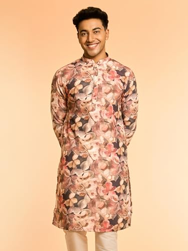 DIWAS BY MANYAVAR Men's Cotton Blend Abstract Floral Print Casual Kurta Set (Brown,M)