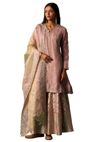 Wishful Women's Lilac Embroidered Panelled Silk Organza Short Kurta with Culotte and Dupatta Set (SP12569-223338-S)
