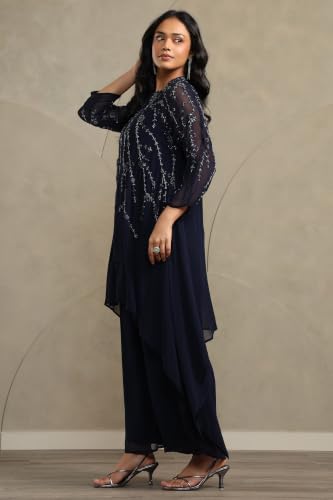 Soch Womens Navy Blue Georgette Cutdana Hand Embroidered Co-Ord Set
