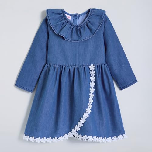 Hopscotch Girls Blue Full Sleeves Lace Trim Denim Dress for Age (5-6 Years)
