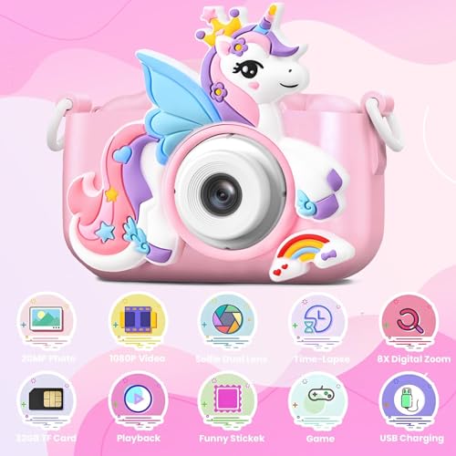 CAMKORY Kids Camera Digital Camera for Age 3-8,1080P HD Video Selfie Toddler Camera with Soft Cover, Christmas Birthday Gifts for Kids - 32GB SD Card - Pink, Light Pink