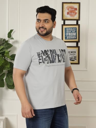 JOHN PRIDE Plus Size Men Regular Fit Printed Short Sleeves Grey Round Neck Stretchable T-Shirt (JPTSR32460_7XL_Grey)