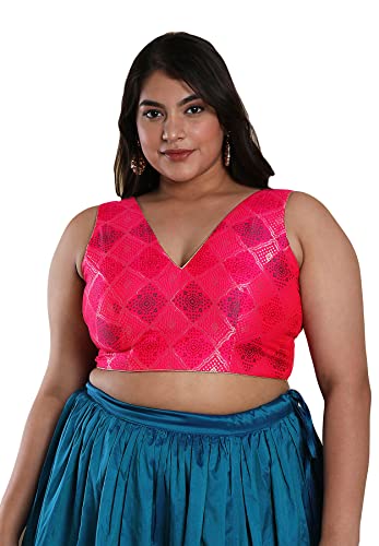 SALWAR STUDIO Women's Pink Brocade Readymade Saree Blouse-PLSSB00026-PINK