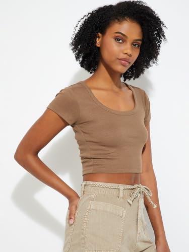 Max URB_N Women Ribbed Crop T-Shirt (Brown_XS)