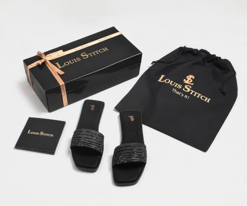 LOUIS STITCH Women’s Stardust Black Elegant Flat Sandals with Rhinestone Studded Straps | The Embellished Series | Luxury Comfort Slip-On Flats for Women | Perfect for Travel, Casual & Daily Wear | LSLD-FL05-JB | UK-3
