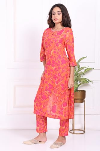 W for Woman Orange Floral Printed Sequined Straight Modal Kurta and Straight Pant Set - (WS13690B-126963-XS)
