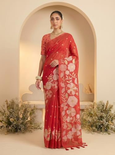 Label Aarna Women's Red Cotton Saree with Unstitched Blouse Piece | Woven | Floral Design | Cultural Wear