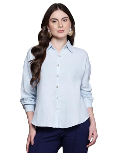 Label RITU KUMAR Collar Neck Full Sleeves Solid Shirt Powder Blue