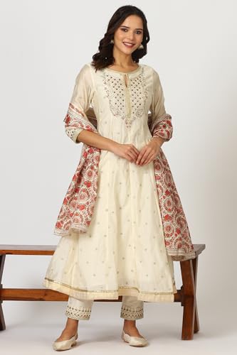 W for Woman Off-White Dori Embroidered Flared Kurta, Pants and Jacquard Dupatta (Size: XL)-24AUSP11773-400717