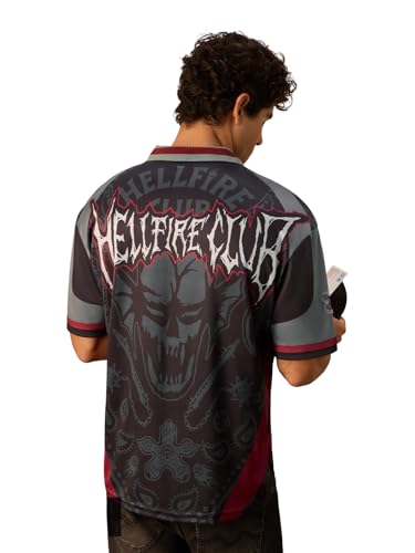 The Souled Store Stranger Things Join The Club Men and Boys Short Sleeves Polo Collar Charcoal Grey Sporty Casual Lightweight Drop Shoulder Streetwear Easy Dry Trendy Oversized Jerseys