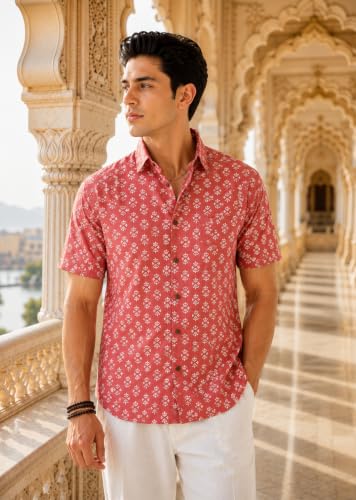 Majestic Man Men's Sanganeri Printed Pure Cotton Casual Shirt | Half Sleeve | Slim Fit | Collared Neck | Stylish Everyday Wear (Peach, XX-Large)