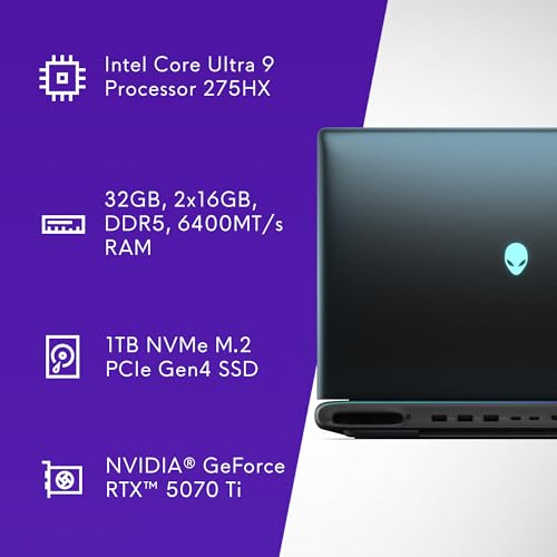 Alienware 16 Area-51 Gaming Laptop AA16250-16 WQXGA 240Hz Display, Intel Core Ultra 9-275HX, 32GB DDR5 RAM, 1TB SSD, NVIDIA GeForce RTX 5070Ti, Windows 11 Home, Onsite Service - Liquid Teal