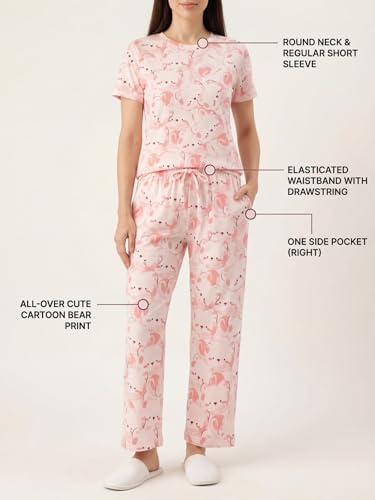 Sweet Dreams Women's Adorable Cartoon Bear Pajama Set, Short Sleeve T-Shirt and Long Pyjama Loungewear, All-Over Cute Character Print, Soft & Stretchy Fabric with Pocket, Two-Piece Sleepwear for Home