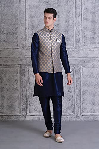 Ethluxis Men's Silk Blend Regular Fit Navy Kurta Pyjama Set With Bundi Nehru Jacket Waistcoat (44, Navy/Grey), 2XL