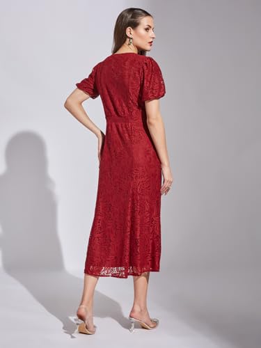 Latin Quarters Women Maroon Half Sleeves Casual Solid Dress_S