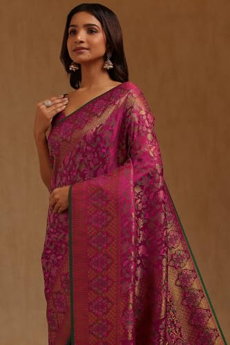 Soch Womens Magenta Tussar Floral Woven Design Saree