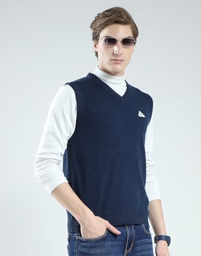 Monte Carlo Men's Regular Fit Pullover | Solid Pattern | Pull On Closure with Sleeveless V Neck Winter Pullover for Men's Blue M (Pack of_1)
