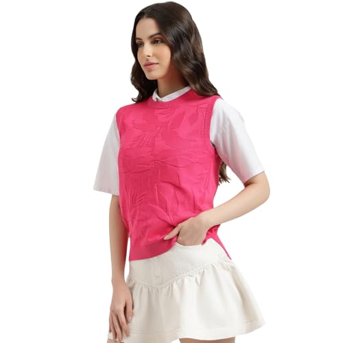 United Colors of Benetton Round Neck Self Design Sweater (Size: S) - 26P1594D108YI02A Pink