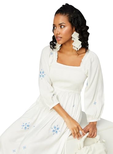 Max Below The Knee Women's Square Neck Smocked A-Line Dress (Embdrs41001Off White)_M